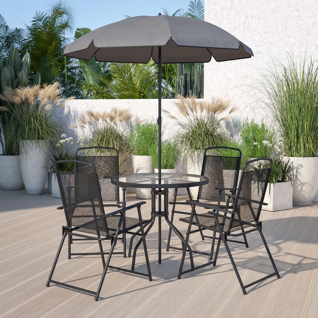 6-Piece Patio Set with Glass Table, Umbrella, and 4 Folding Chairs, Black U97157