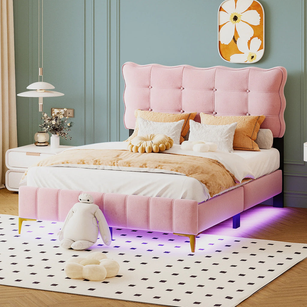 Queen Size Beige Velvet Upholstered Platform Bed with LED N941