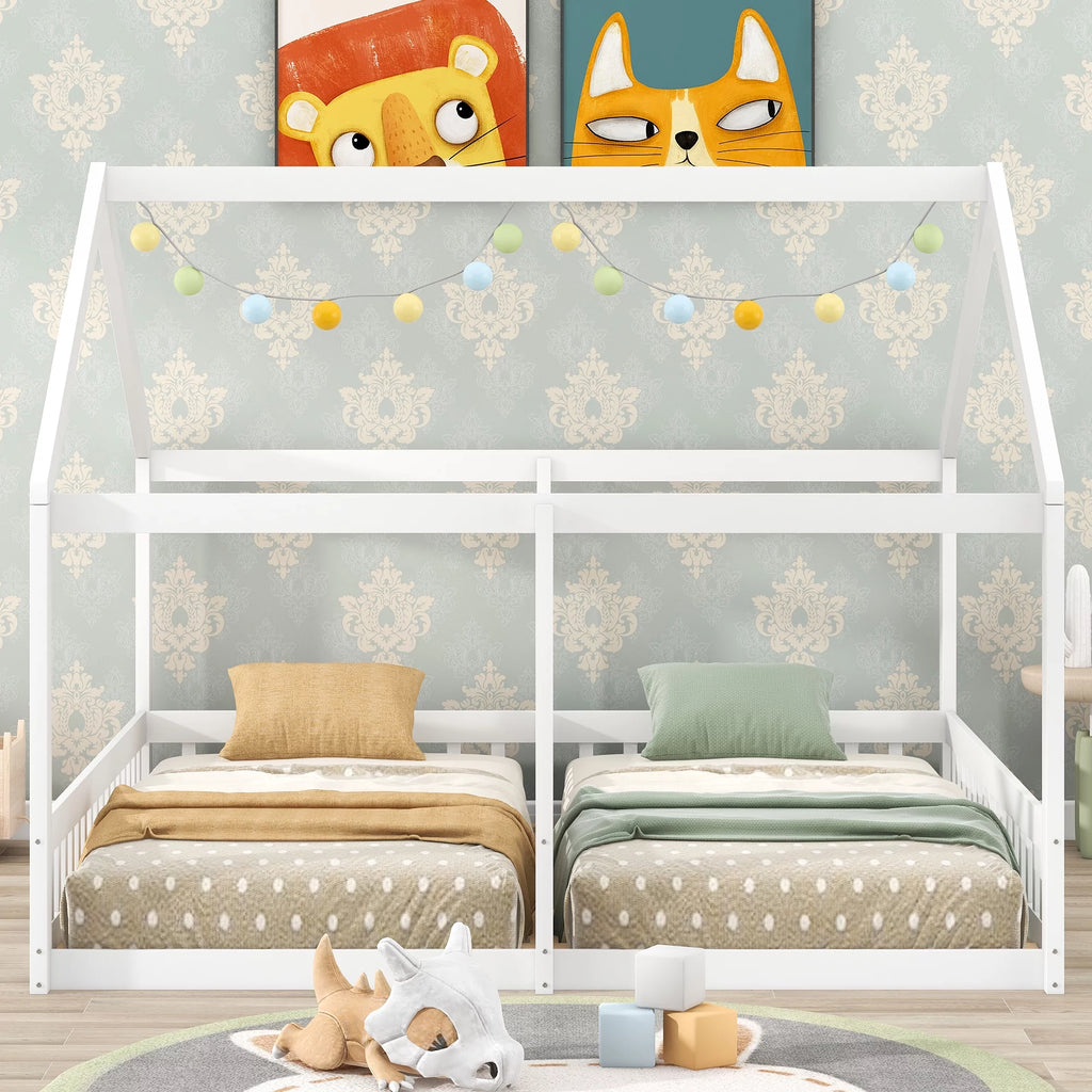 White Twin Size Wood House Platform Bed with Safety Fence Y9001