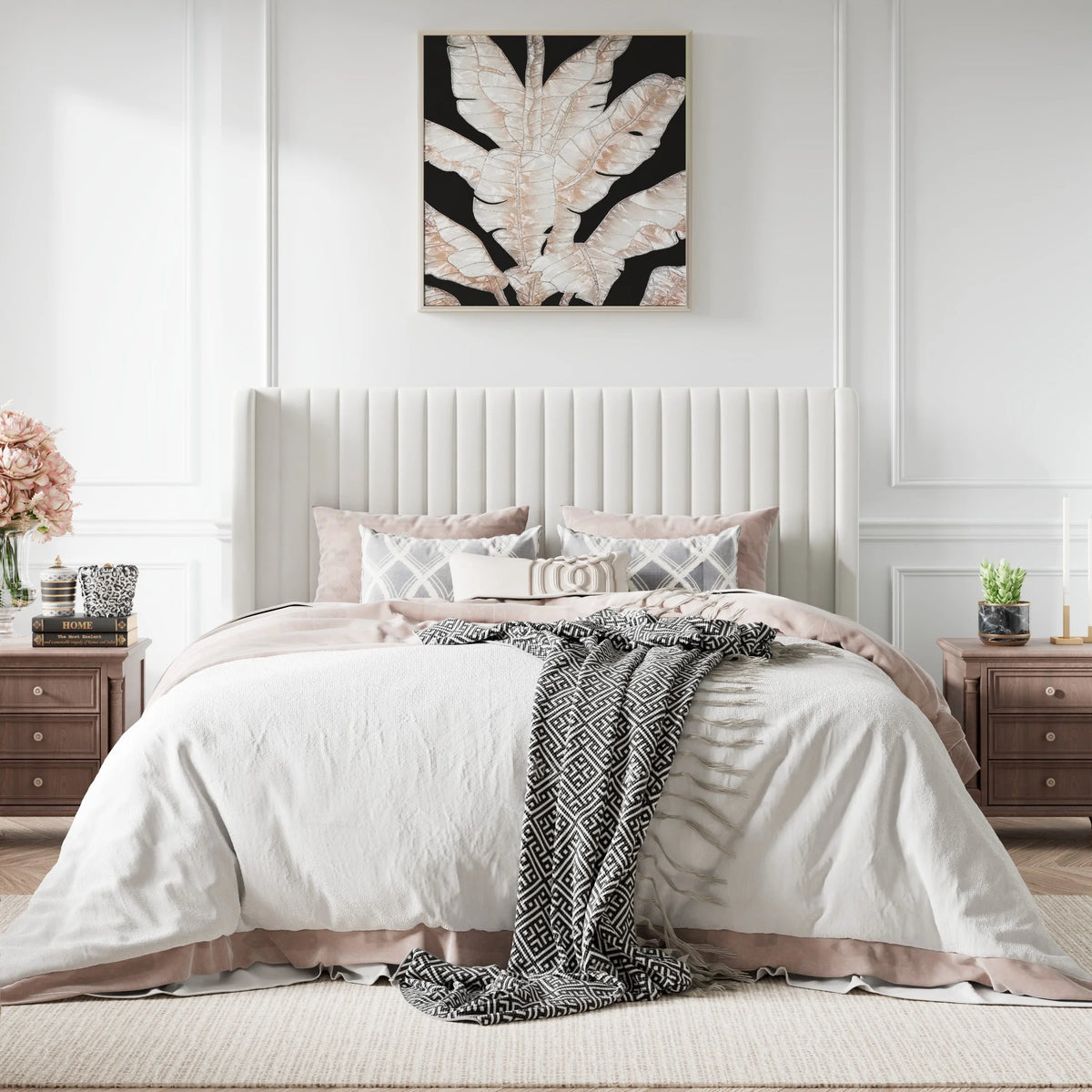 Queen Size Off-White Velvet Upholstered Bed Frame F45325