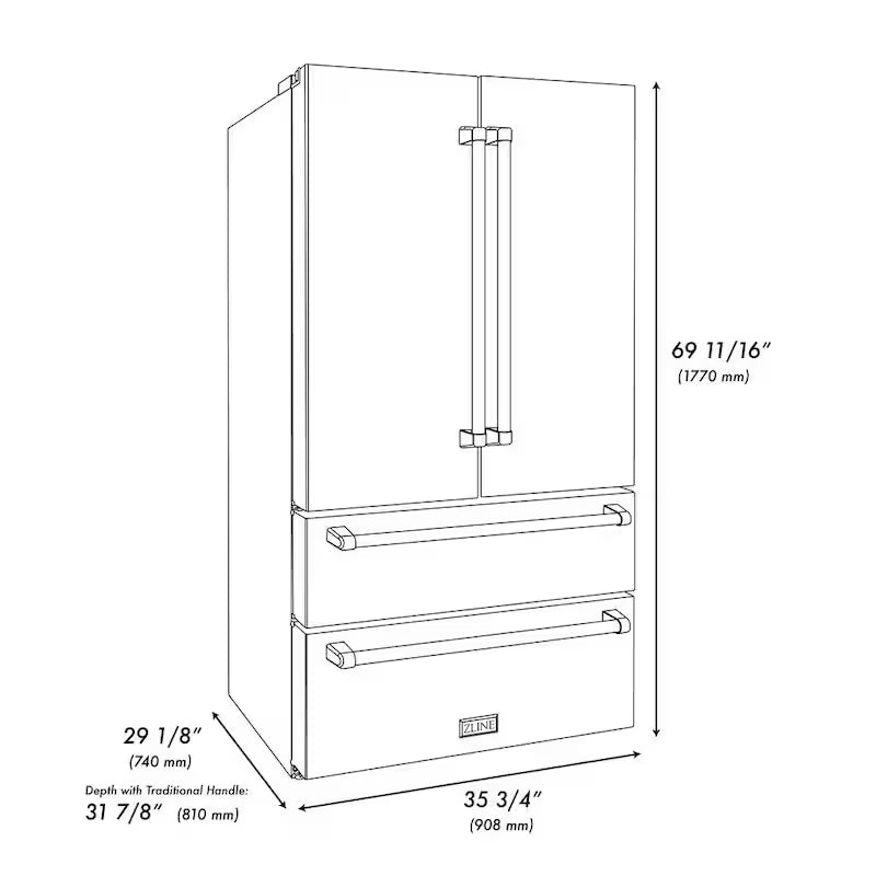 36 in. 4-Door French Door Refrigerator with Internal Ice Maker in Stainless Steel & Matte Black K44643