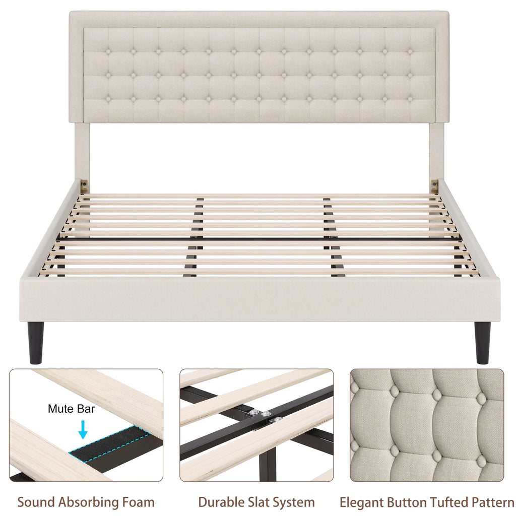 King Size Beige Upholstered Platform Bed Frame V134