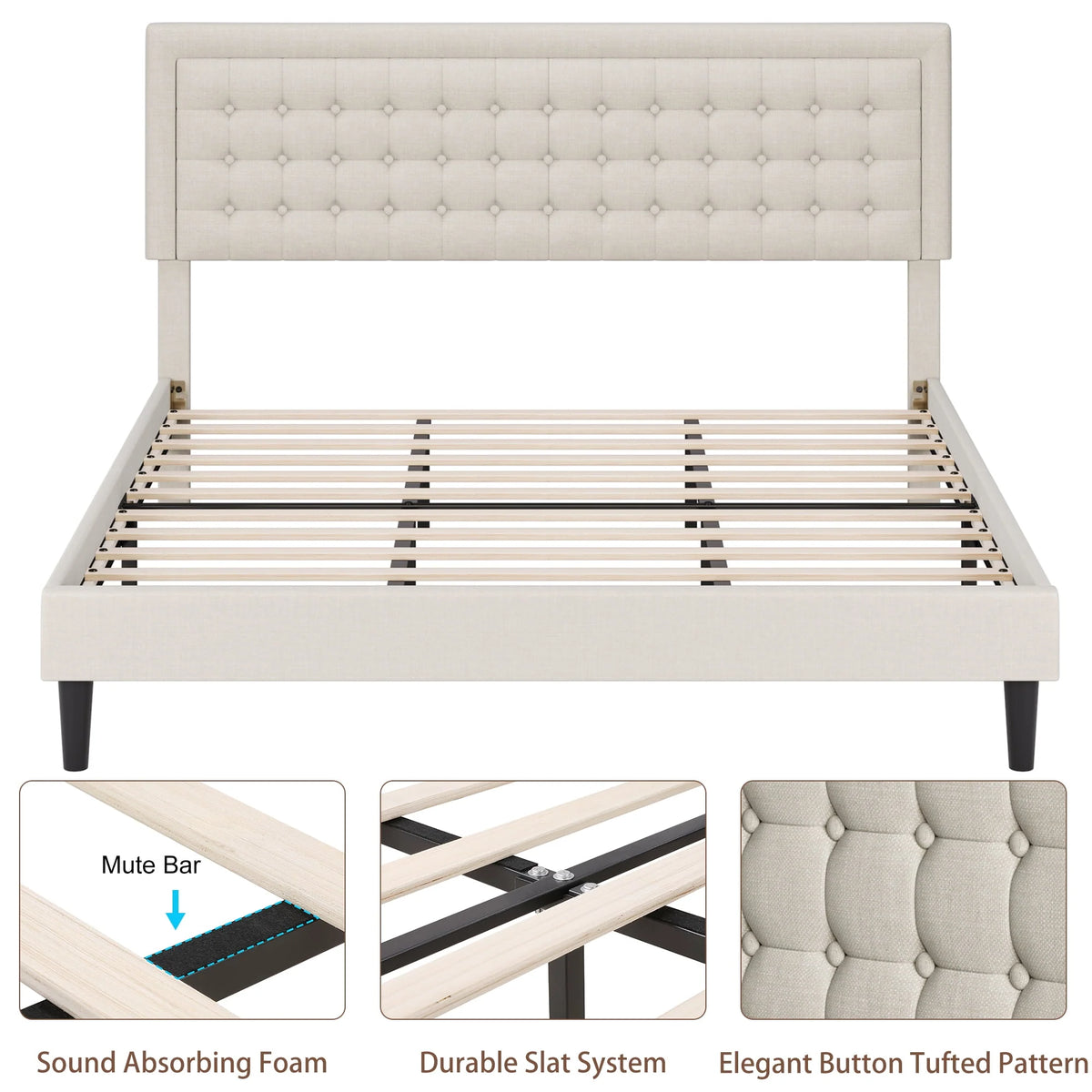King Size Beige Upholstered Platform Bed Frame V134