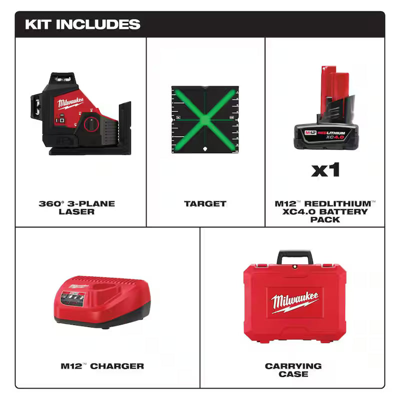 12-Volt Cordless Green 3-Plane Laser Level Kit with Laser Detector E8544