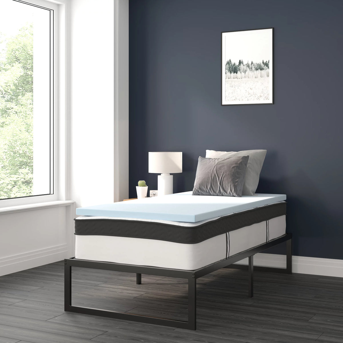 14 Inch Metal Platform Bed Frame with 12 Inch Pocket Spring Mattress and 2 Inch Cool Gel Memory Foam Topper - Twin P9138