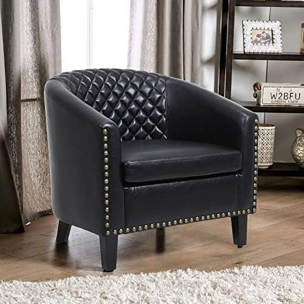 Brown Leather Tufted Barrel Chair with Wood Legs L15476