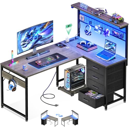 Black L Shaped Gaming Desk with Shelf & 4 Drawers M65897