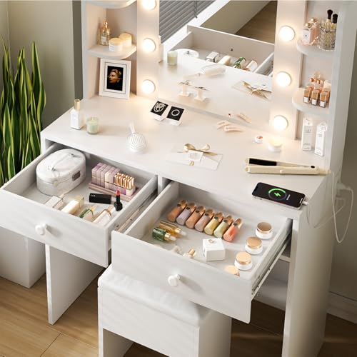 White Vanity Desk with Mirror, LED Lights, Power Outlets, Drawers, Shelves, Storage Chair Q202