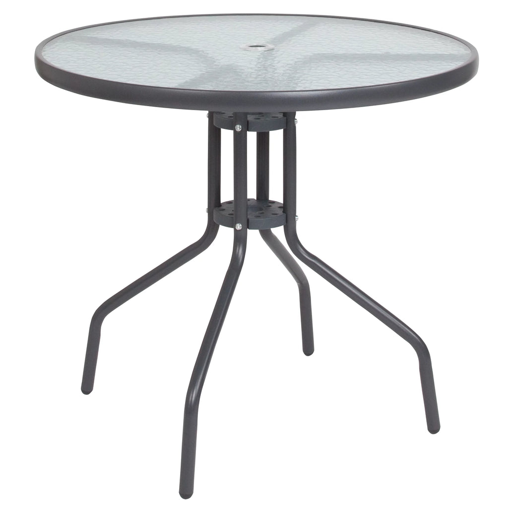 6-Piece Patio Set with Glass Table, Umbrella, and 4 Folding Chairs, Black U97157