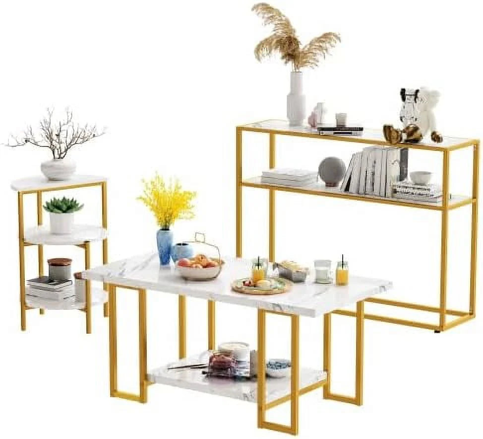 Faux Marble Coffee Table Set of 3 with Shelves Metal Frame R240296