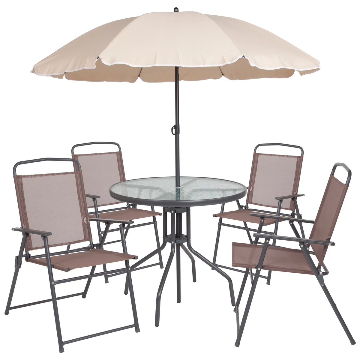 6-Piece Patio Set with Glass Table, Umbrella, and 4 Folding Chairs, Black U97157
