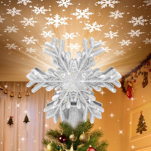 Lighted Christmas Tree Topper with Rotating Snowflake Projector W726506