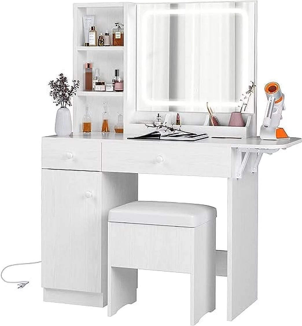 White Vanity Desk with Lighted Mirror and Storage Stool T9602