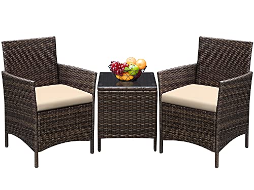 3 Pieces PE Rattan Wicker Patio Furniture Set with Cushion and Glass Coffee Table C668