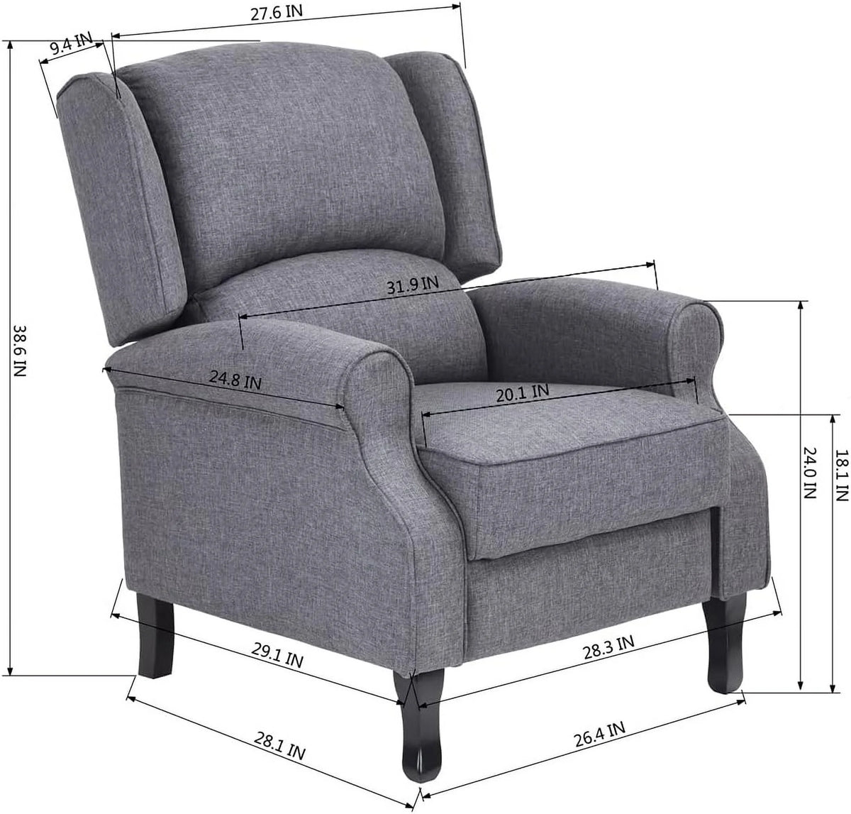 Gray Fabric Manual Push Back Recliner Sofa H2444
