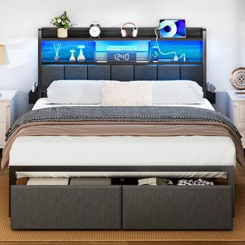 Queen Size Storage Drawer Metal Platform Bed Frame with Upholstered Headboard Y948