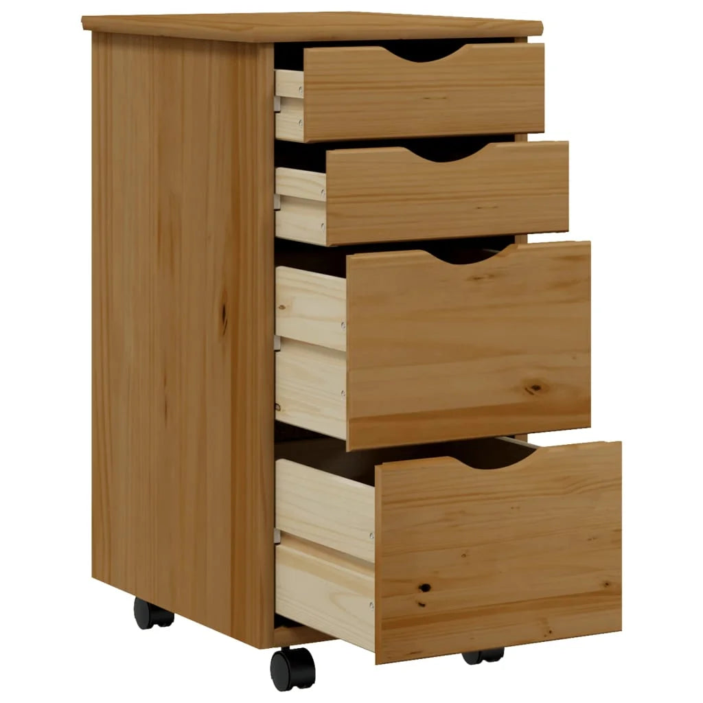 Honey Brown Solid Wood Pine Rolling Cabinet with Drawers Q1393