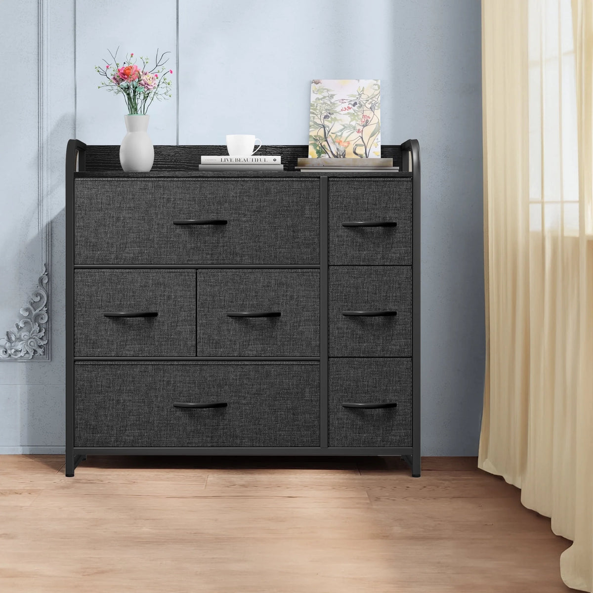 Light Gray 7 Drawer Fabric Dresser B500