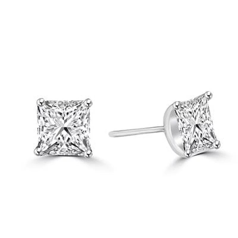 Prong Set Stud Earrings with Artificial Princess Cut Diamond in Sterling Silver O90246