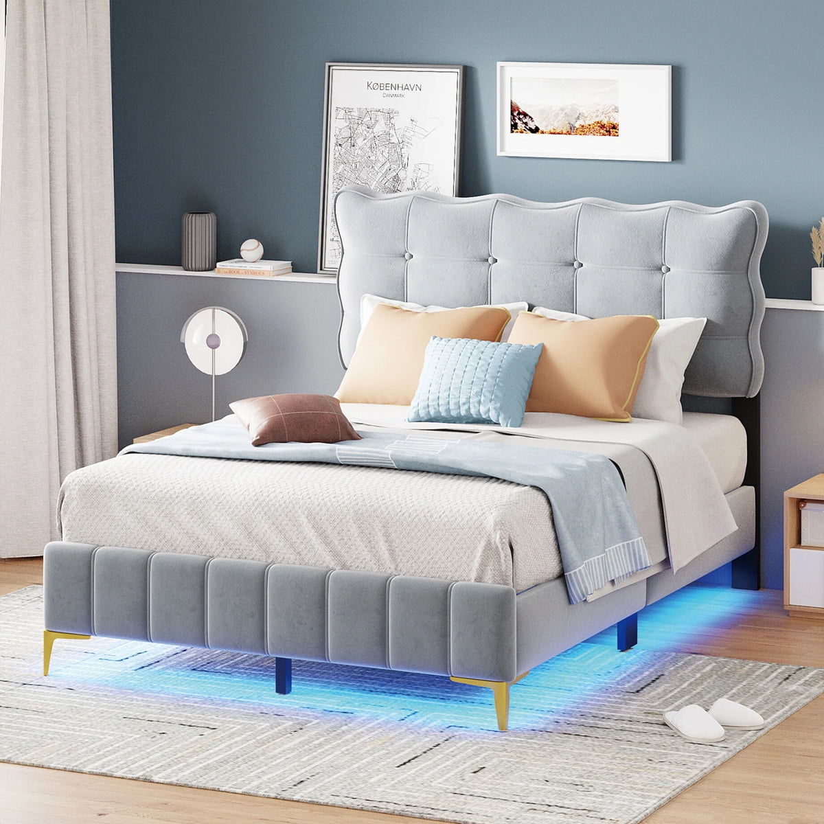 Queen Size Beige Velvet Upholstered Platform Bed with LED N941