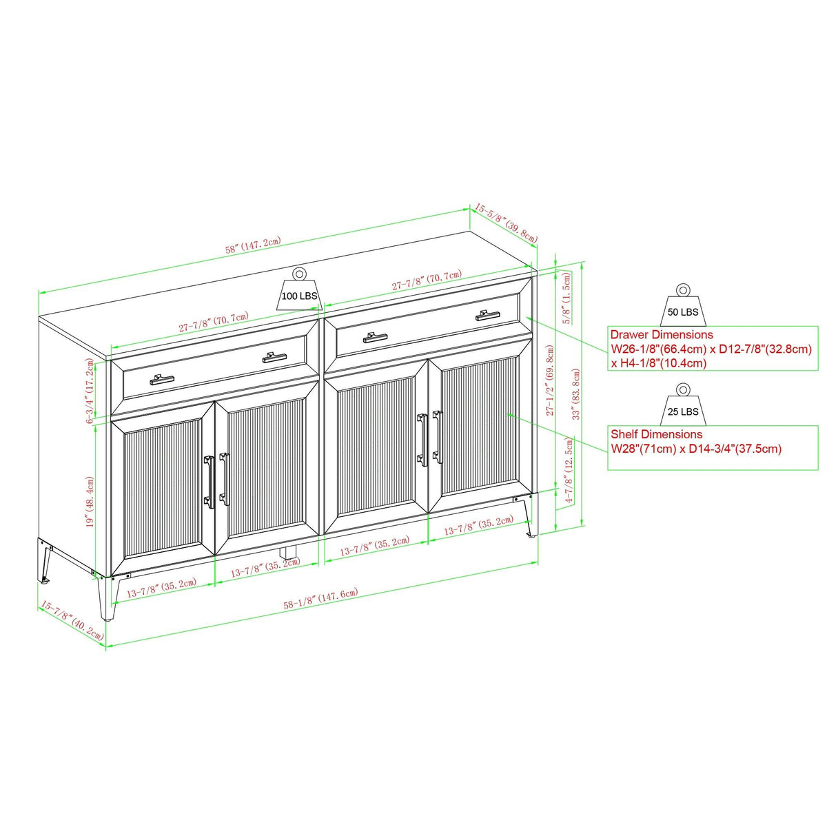58-Inch 2-Drawer Fluted Glass Door Sideboard B190