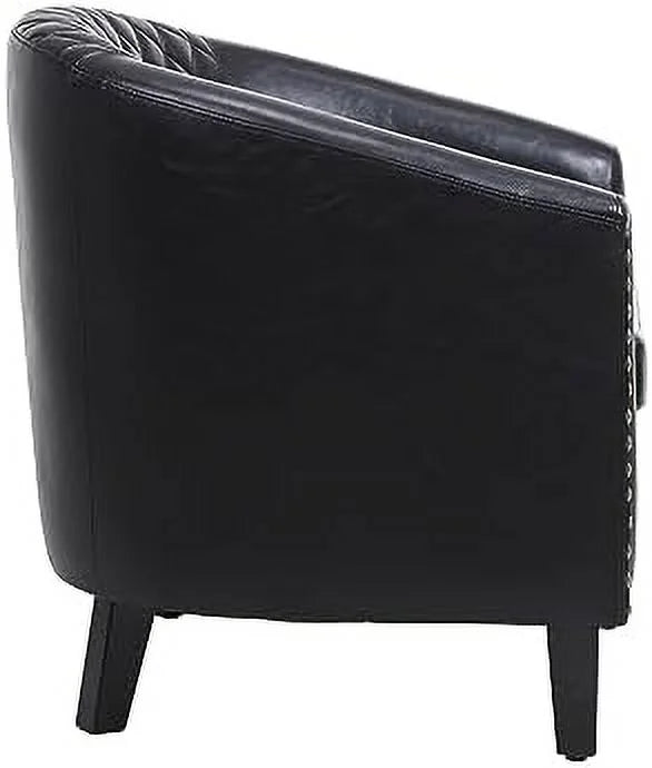 Brown Leather Tufted Barrel Chair with Wood Legs L15476