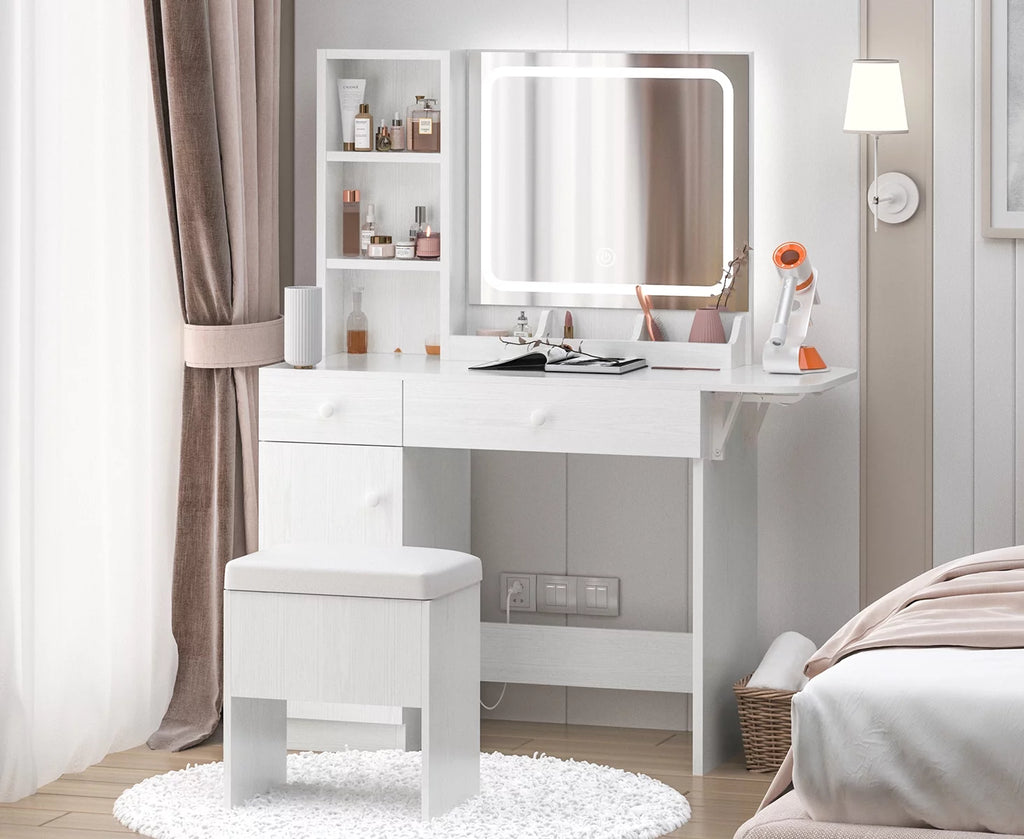White Vanity Desk with Lighted Mirror and Storage Stool T9602