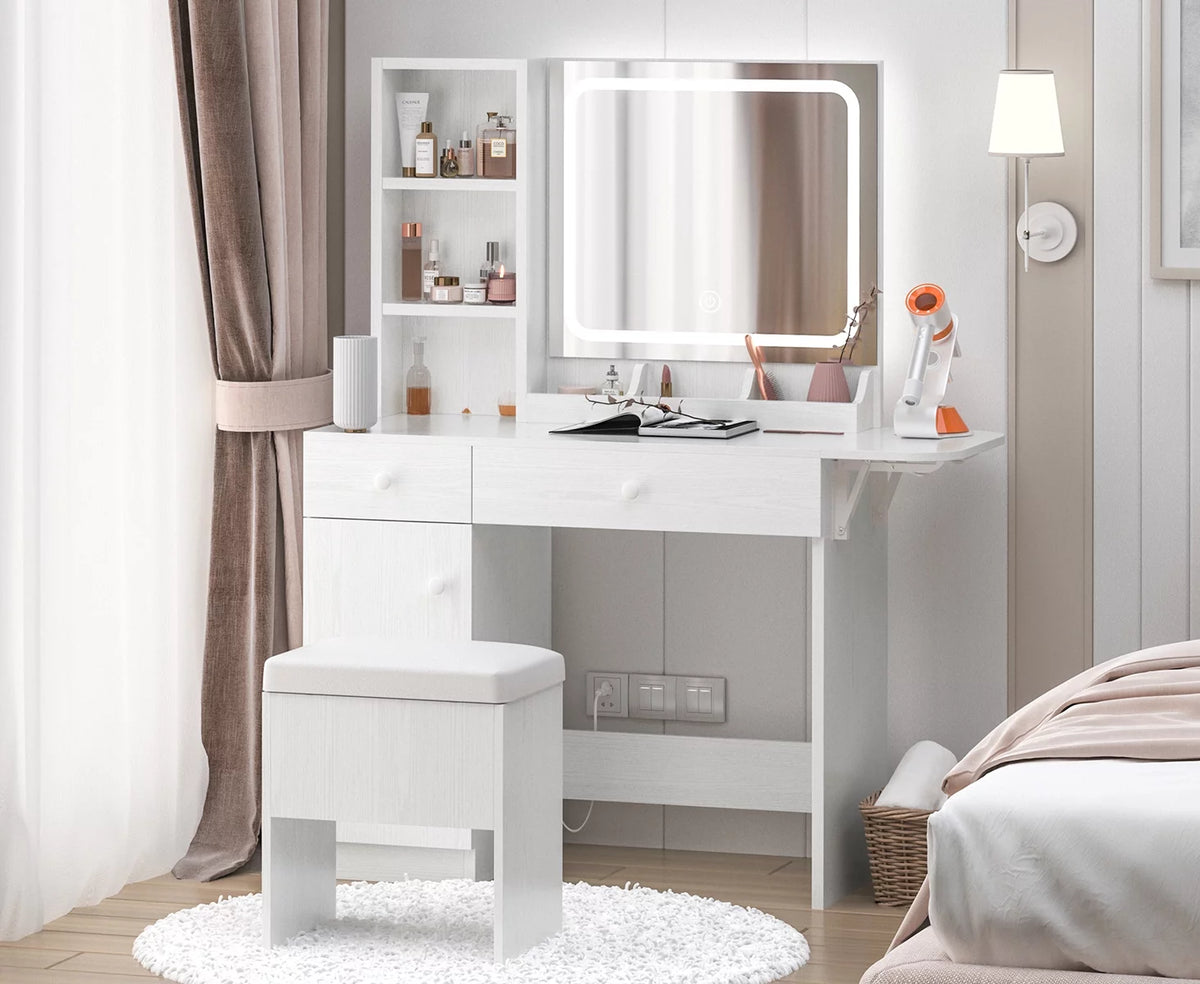 White Vanity Desk with Lighted Mirror and Storage Stool T9602