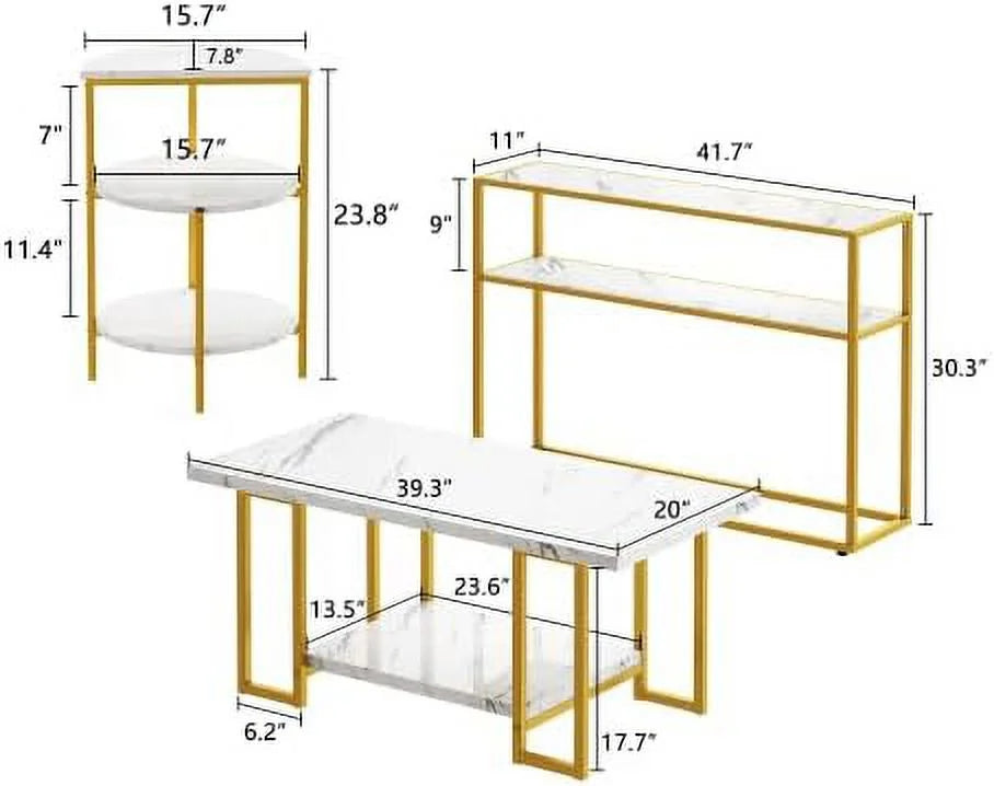 Faux Marble Coffee Table Set of 3 with Shelves Metal Frame R240296