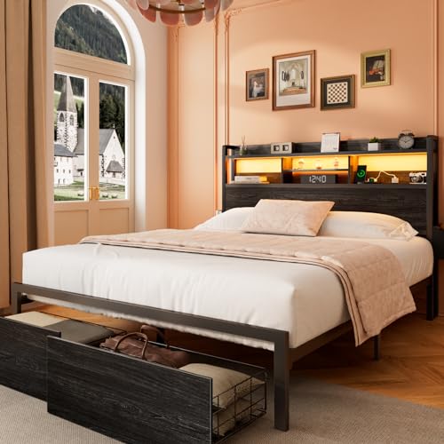 Black Full Size Metal Platform Bed Frame with Wood Headboard and Storage Drawers E30201