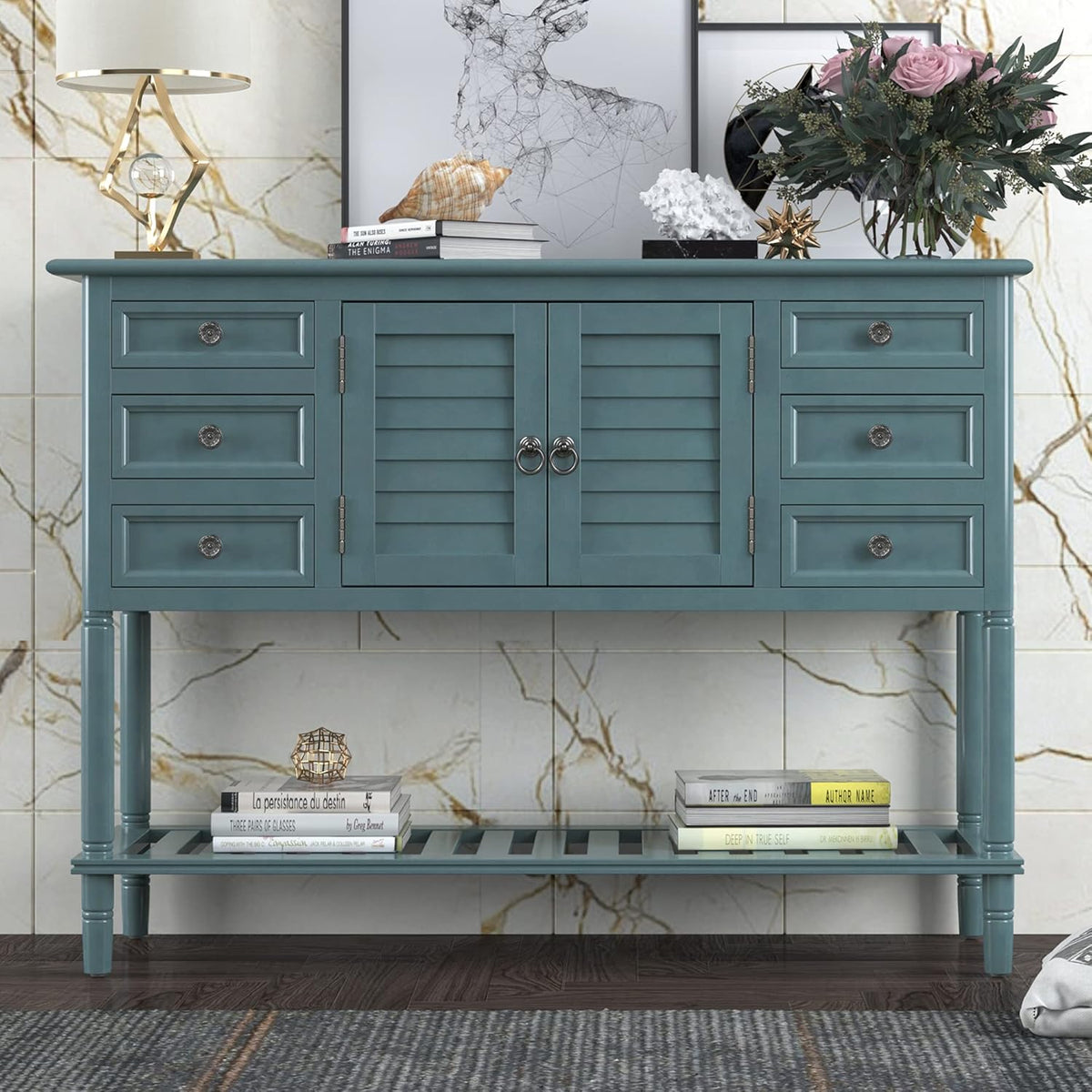 Solid Wood Console Table with 2 Storage Drawers and 1 Shelf, Black S986607