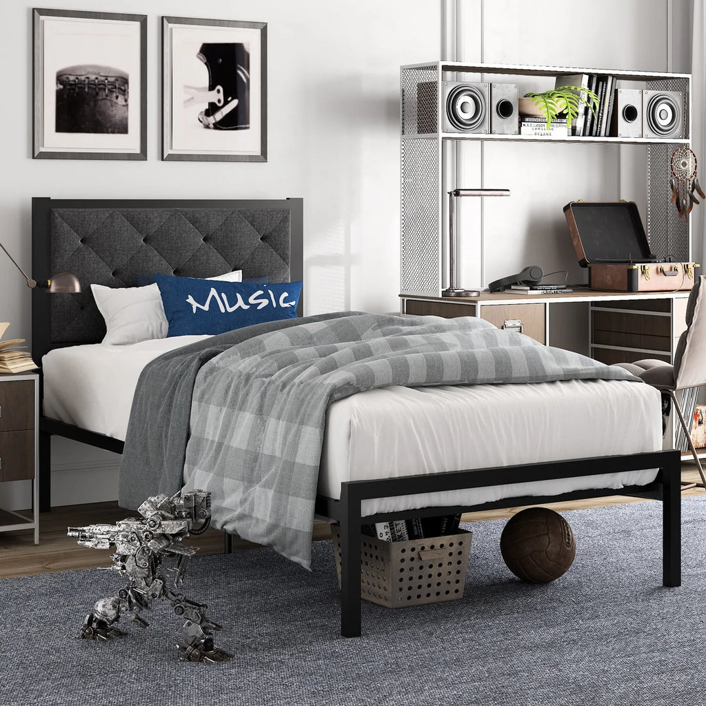 Twin Size Metal Bed Frame with Upholstered Headboard P965541