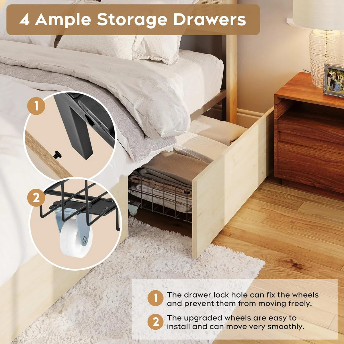 Natural Rattan Queen Bed Frame with Wooden Headboard and 4 Storage Drawers Y235398