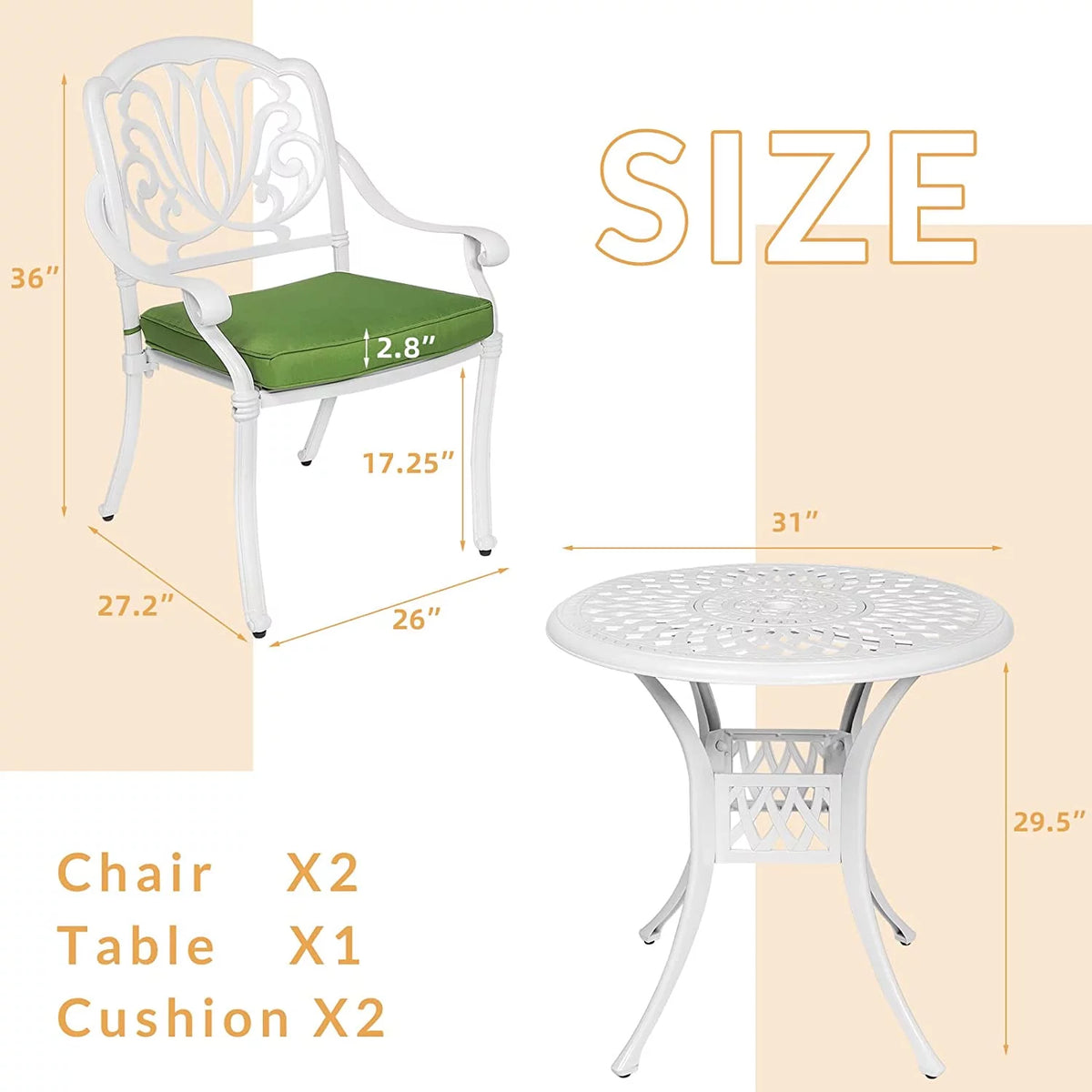 3-Piece Cast Aluminum Outdoor Patio Dining Set with 2 Cushioned Chairs and Round Table R538