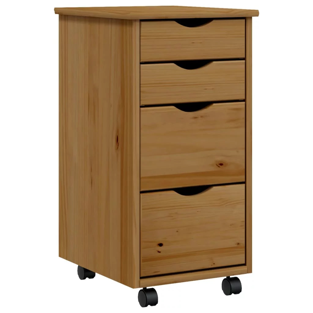 Honey Brown Solid Wood Pine Rolling Cabinet with Drawers Q1393