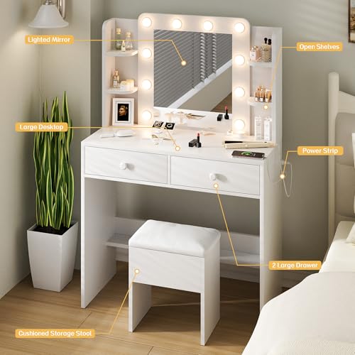White Vanity Desk with Mirror, LED Lights, Power Outlets, Drawers, Shelves, Storage Chair Q202