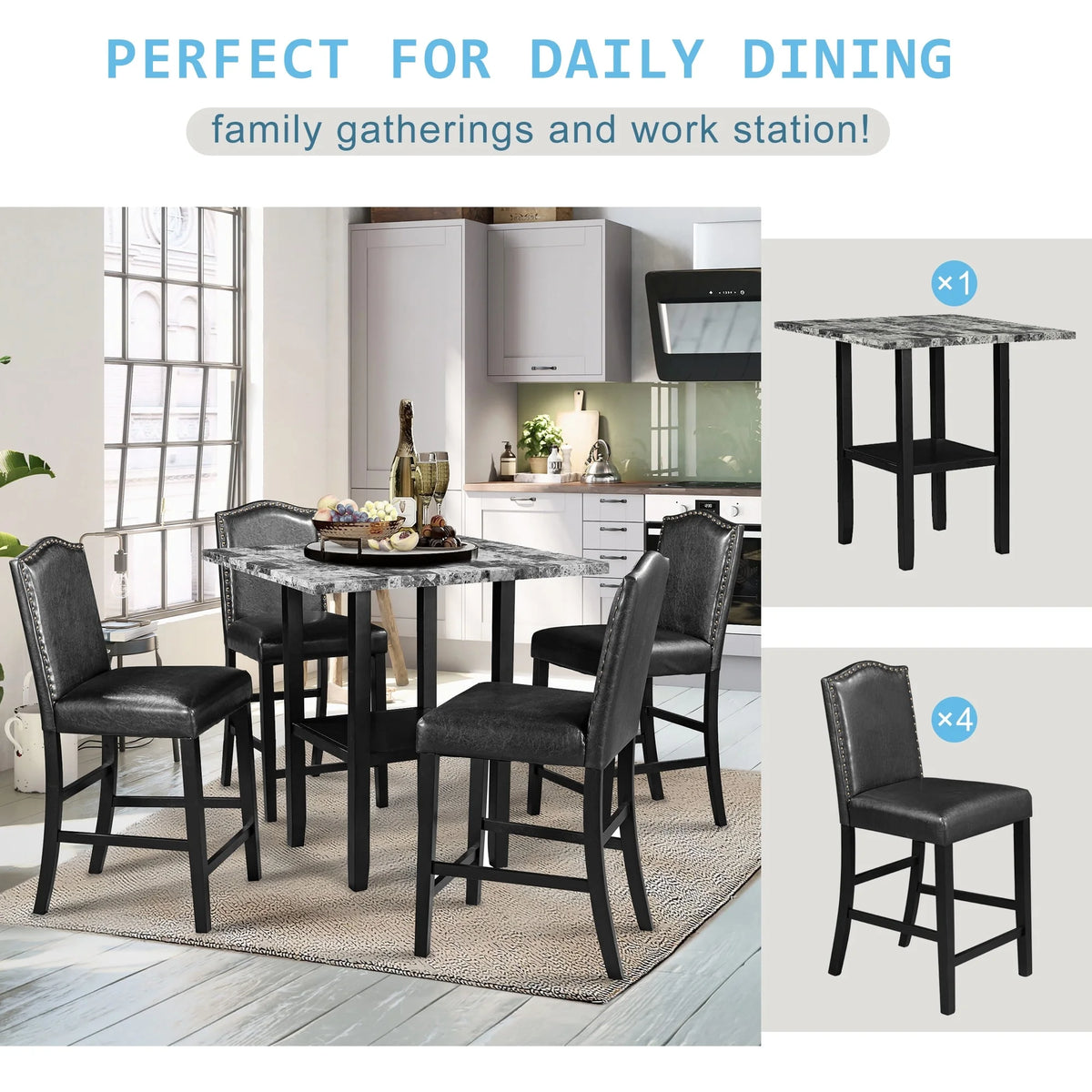 5-Piece Gray Faux Marble Dining Set O391