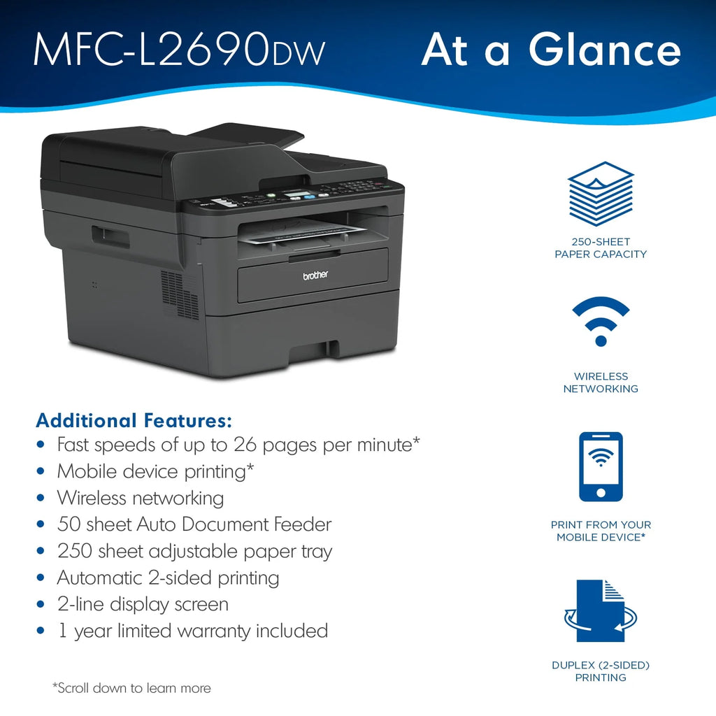 Monochrome Laser All-in-One Printer with Duplex Printing and Wireless Connectivity O29533