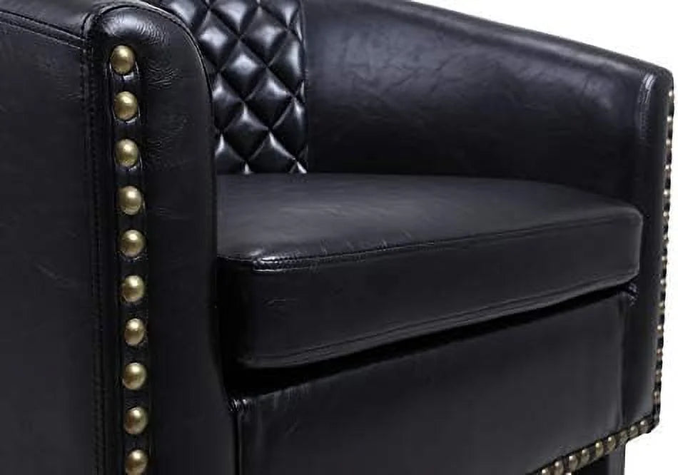 Brown Leather Tufted Barrel Chair with Wood Legs L15476