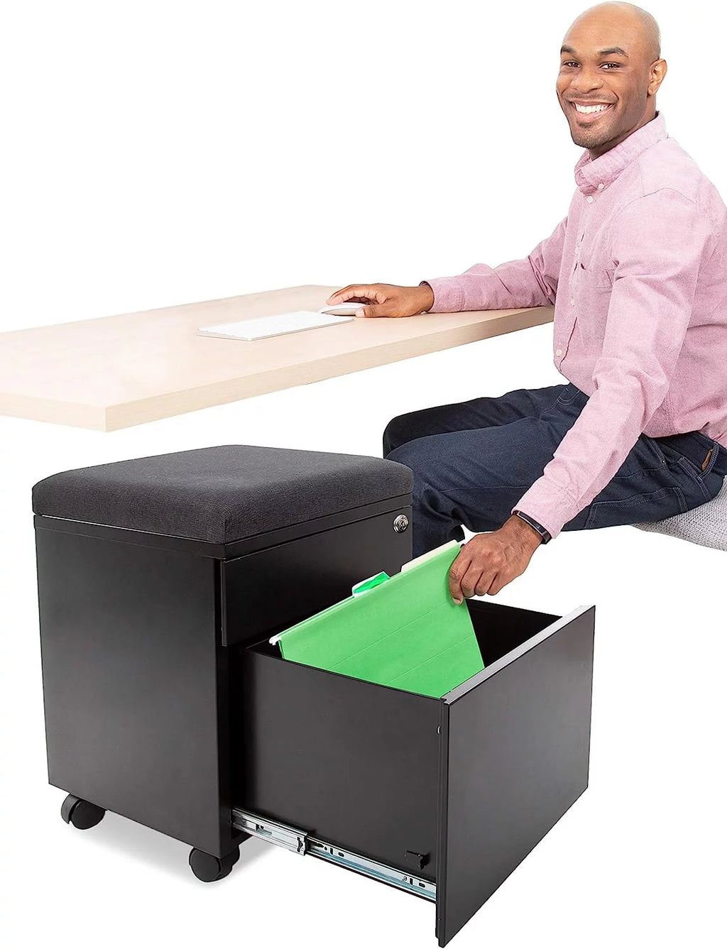 Black 2 Drawer Mobile File Cabinet with Cushion Top S7266
