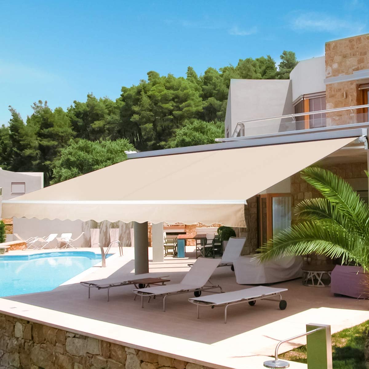 13'×8' Retractable Patio Awning with Manual Crank Handle, Beige K1302