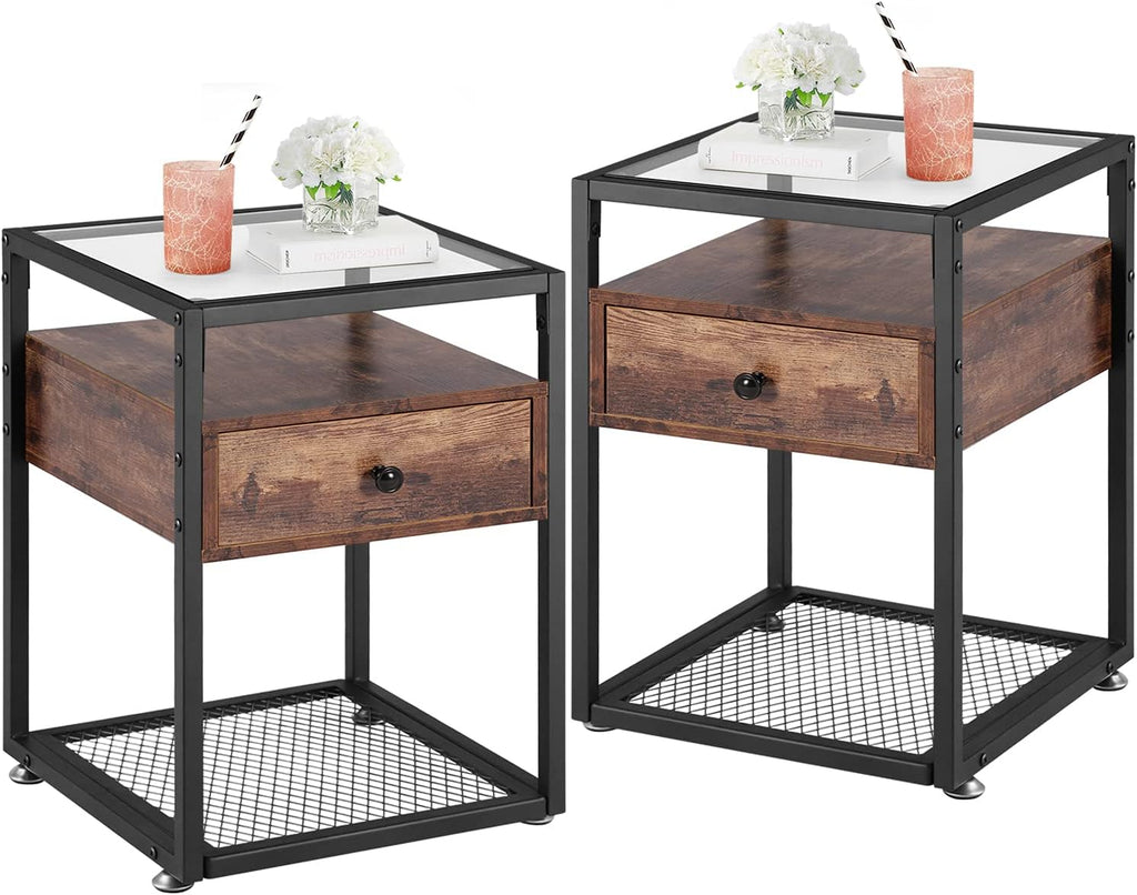 Black Nightstand with Drawer and Glass Surface, Set of 2 U98484