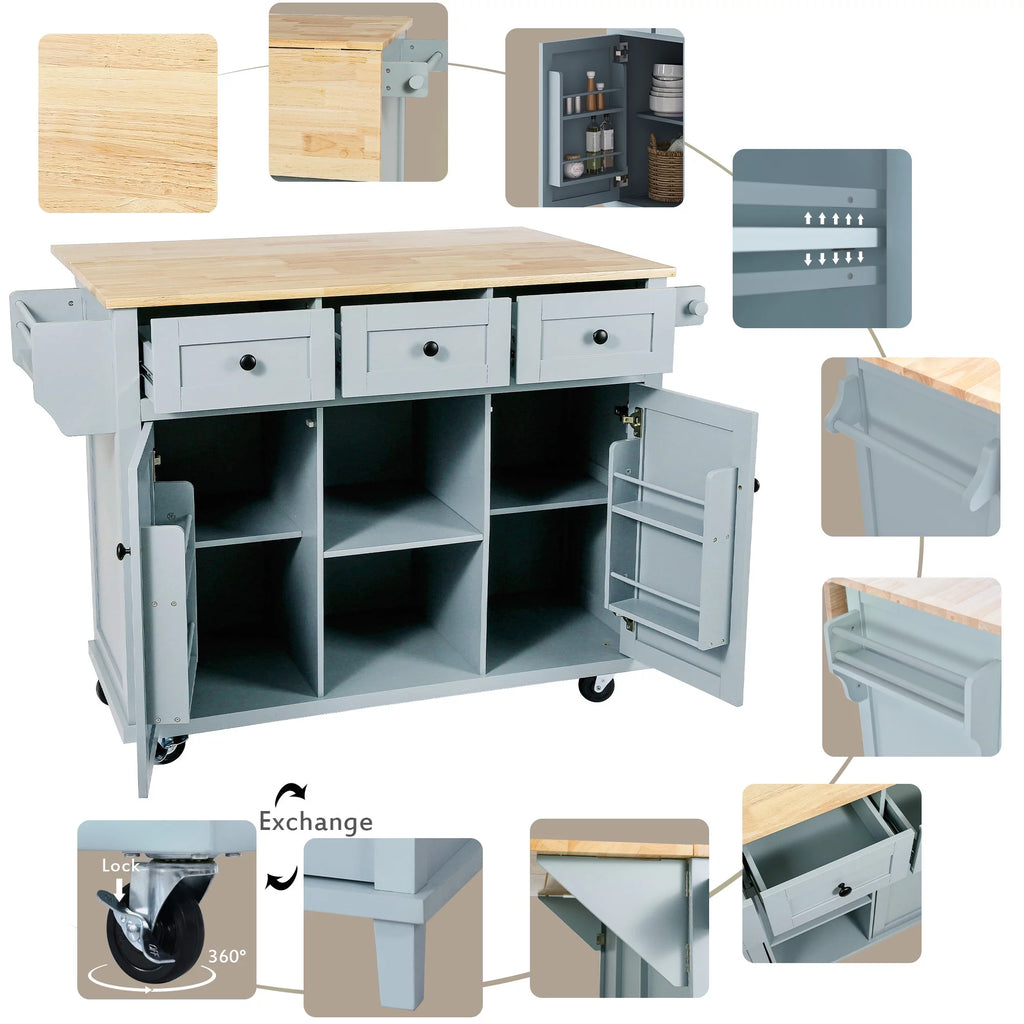 Blue Kitchen Island Cart with Drop-Leaf Countertop and 3 Drawers D5943