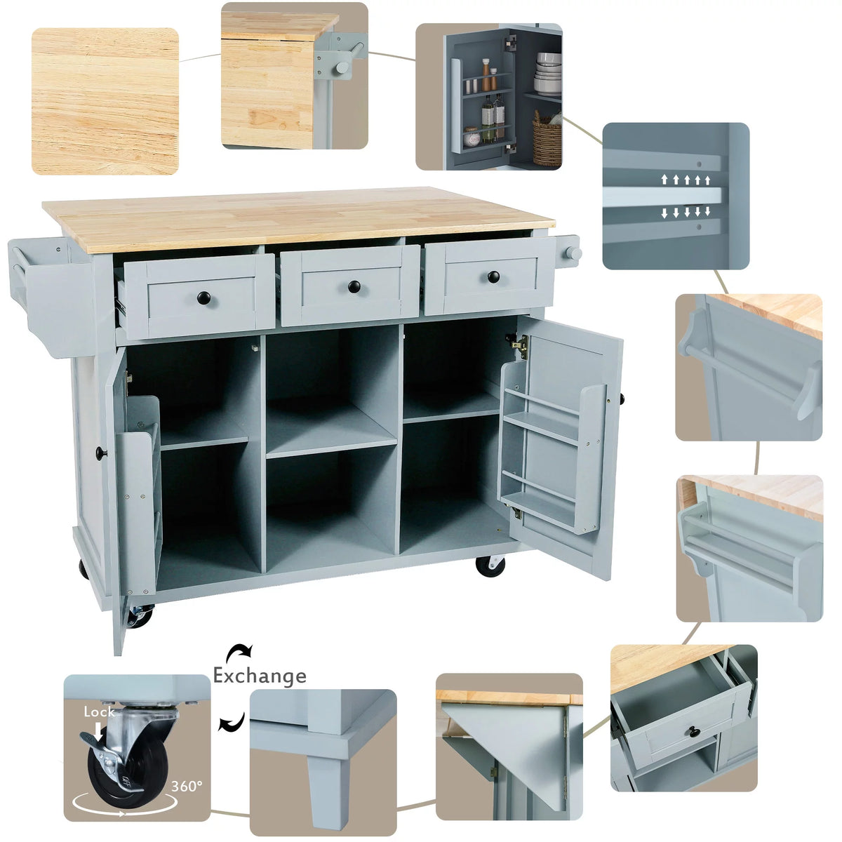 Blue Kitchen Island Cart with Drop-Leaf Countertop and 3 Drawers D5943