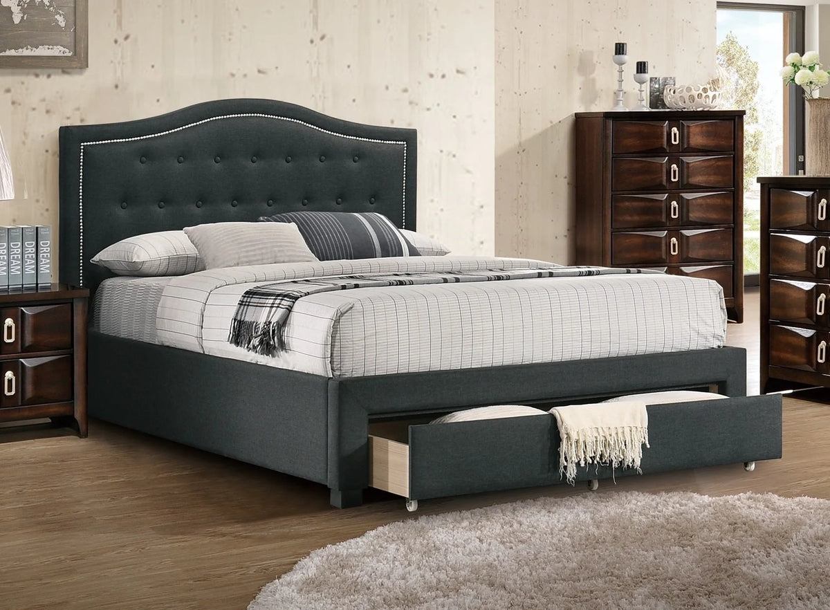 Twin Size Bed with Drawer Button Tufted Charcoal U7169