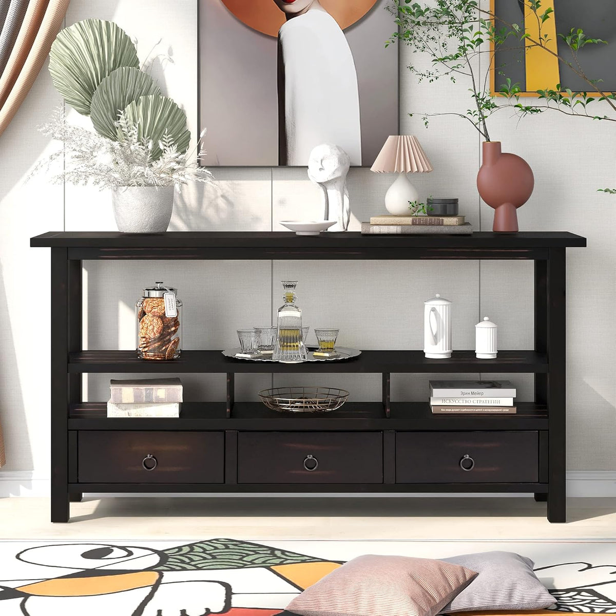 Solid Wood Console Table with 2 Storage Drawers and 1 Shelf, Black S986607
