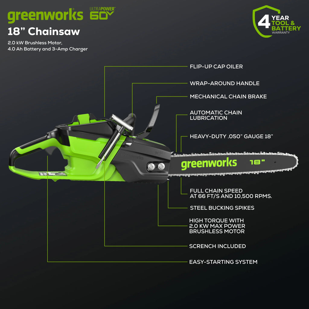 60V Brushless Chainsaw with 4.0 Ah Battery & Charger R179