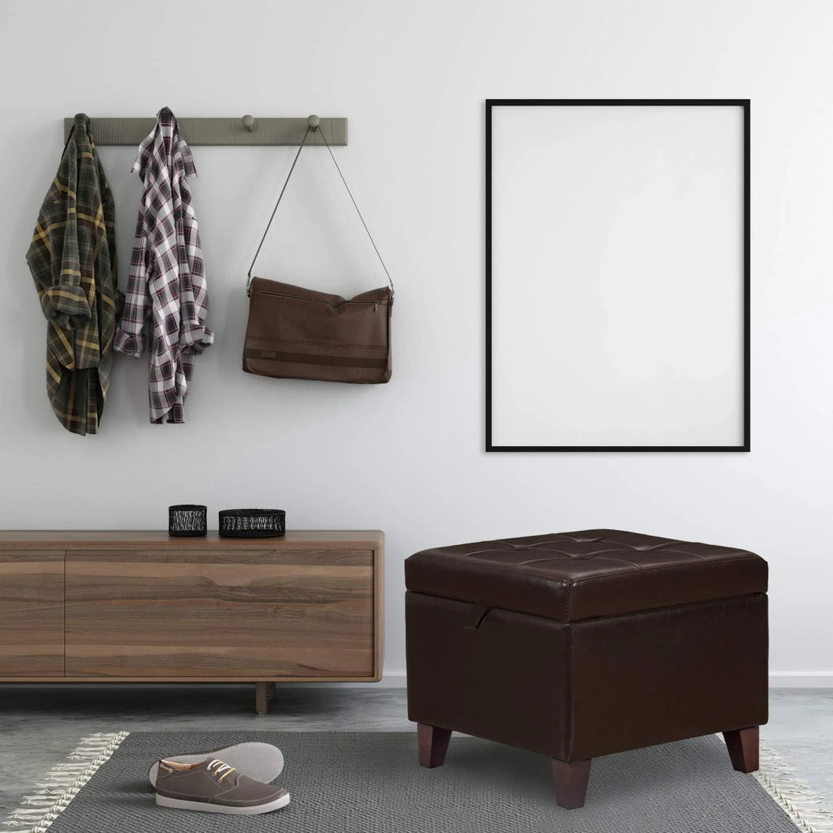 Faux-Leather Storage Ottoman with Wood Legs Q102