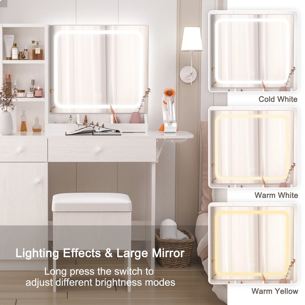 White Vanity Desk with Lighted Mirror and Storage Stool T9602