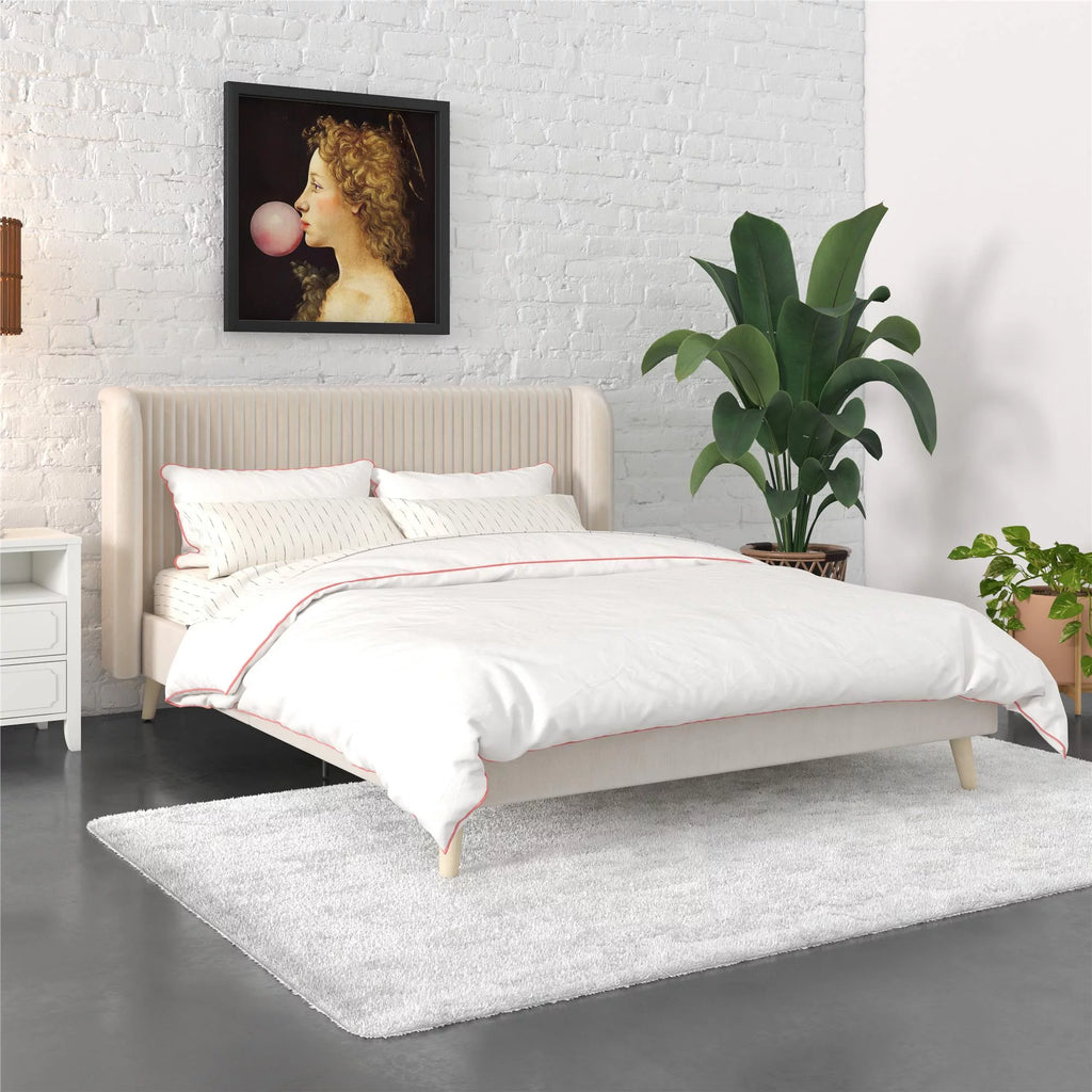 Queen Ivory Velvet Upholstered Wingback Bed P295